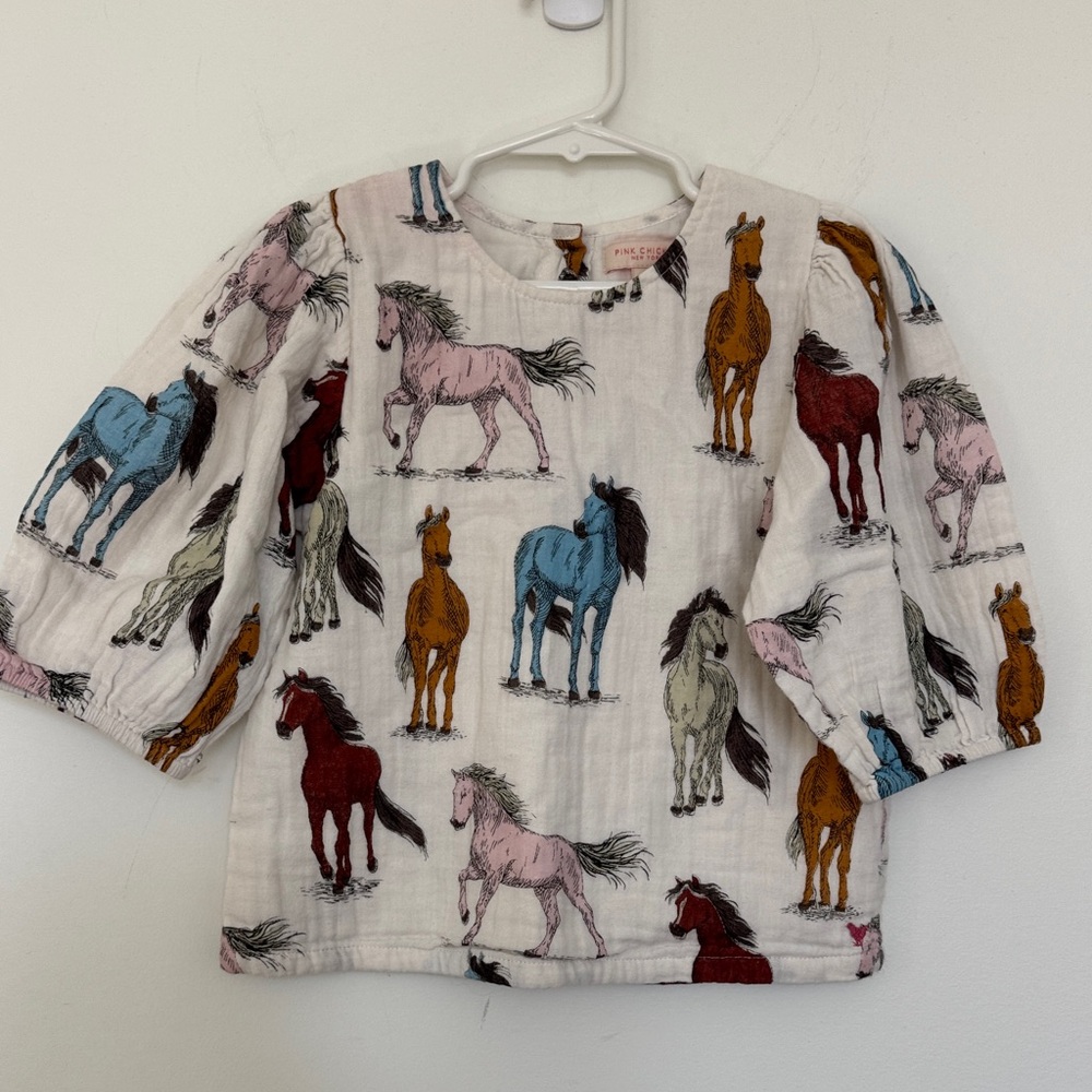 Pink Chicken White Horse Print Puff Sleeve Top